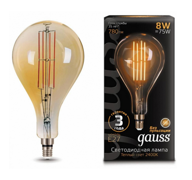 Светодиодная лампа Gauss A160 8Вт 220-240В 1400K E27 филамент. Vintage Filament A160 160х300мм Golden