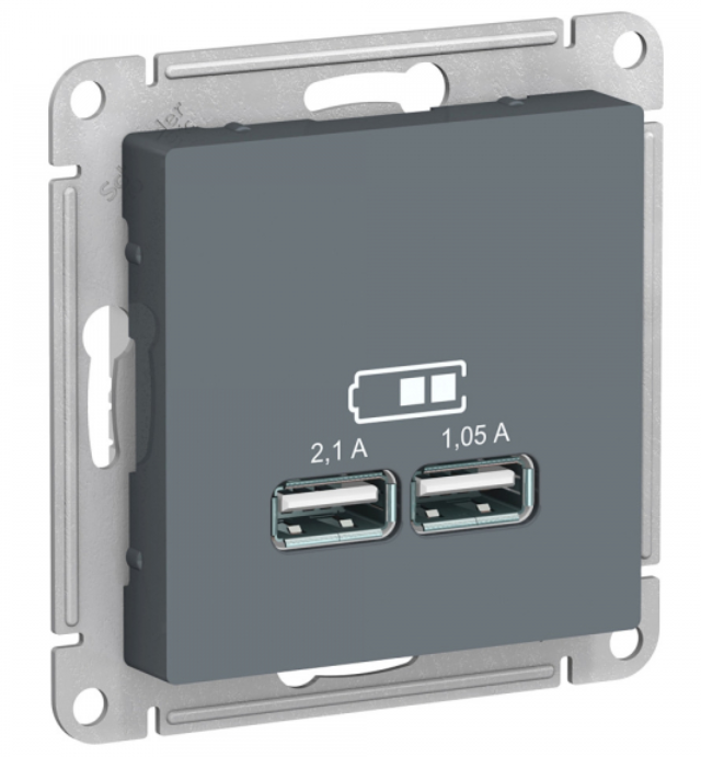 AtlasDesign Грифель  Розетка USB, 5В, 1 порт x 2,1 А, 2 порта х 1,05 А, механизм ATN000733