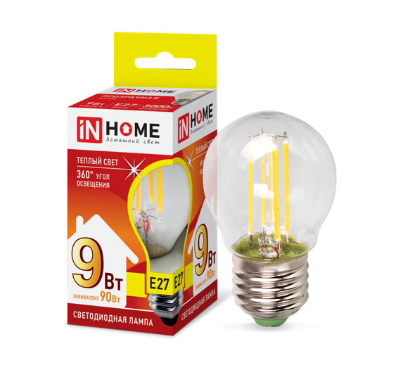 Светодиодная лампа IN HOME P45 9Вт 230В 3000К Е27 филамент.