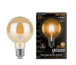 Светодиодная лампа Gauss G95 6Вт 185-265В 2400K E27 филамент. Golden