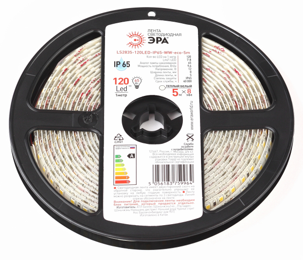 Лента IP65 12V    9.6Вт/М 3000К  LS2835-120LED-IP65-WW ЭРА LS2835-120LED-IP65-WW-eco-5m ЭРА (кратно 5)