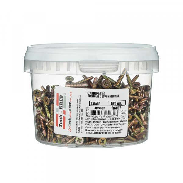 Саморез оконный с буром 3,9х19 (500 шт) желтые - ведро мал Tech-Krep