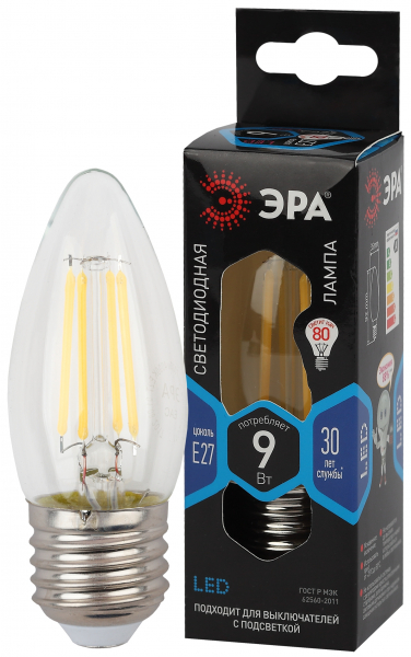 F-LED B35-9w-840-E27 ЭРА (филамент, свеча, 9Вт, нейтр, E27)