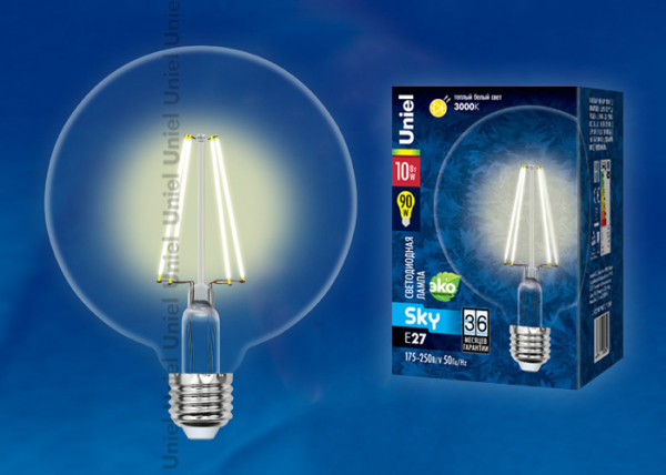 LED-G125-10W/WW/E27/CL PLS02WH Лампа светодиодная. Форма "шар", прозрачная колба. Цвет свечения теплый белый. Серия Sky. Упаковка картон. ТМ Uniel