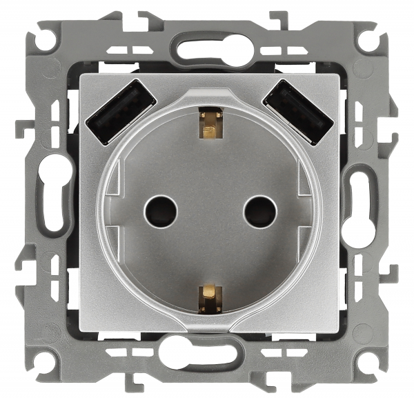 14-4109-03  ЭРА Розетка 2P+E 16A-250В, штор. с 2xUSB 5В-3А, Эра Elegance, алюминий