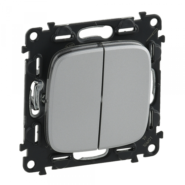 Legrand 752908 Valena ALLURE.Переключатель двухклавишный 10А 250В с лицевой панелью.Безвинтовые зажимы.Алюминий