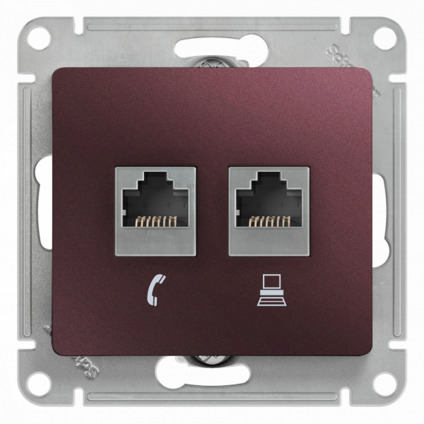 Glossa Баклажановый Розетка 2-местная RJ11+RJ45, категория 5E,механизм IP20 скрытая установка GSL001185