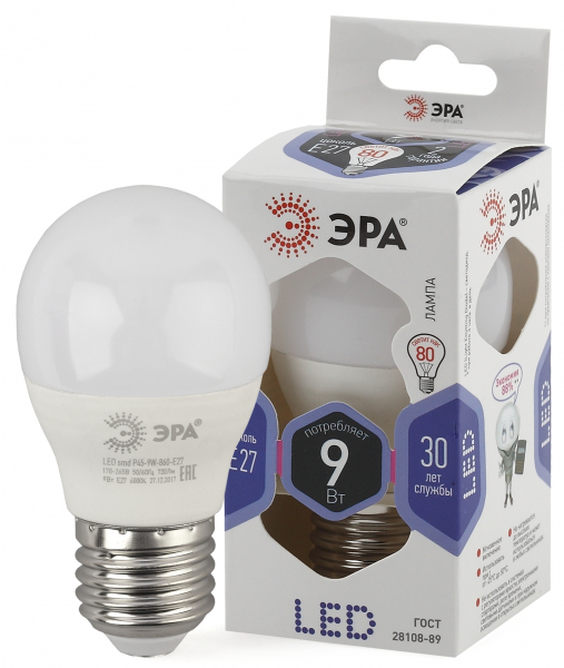 Светодиодная лампа ЭРА LED smd P45-9Вт-860-E27