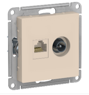 AtlasDesign Бежевый  Розетка 2-местная компьютерная+ТВ, RJ45+TV, категория 5E, механизм ATN000289
