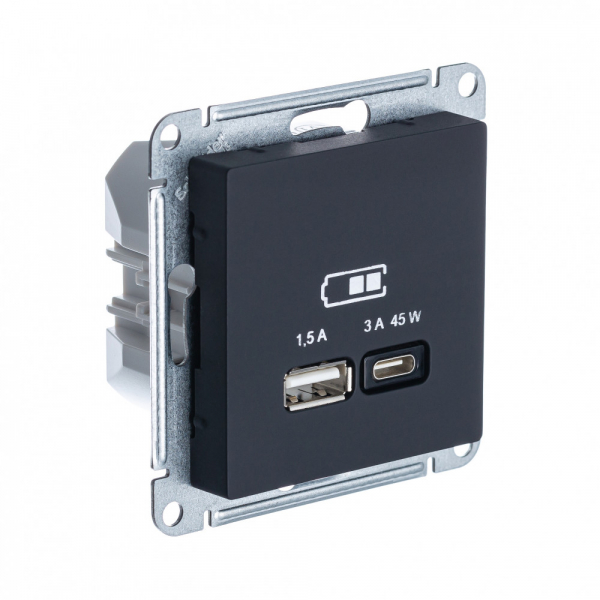 ATLAS Карбон USB РОЗЕТКА A + тип-C 45W высокоскор.заряд. QC, PD, механизм
