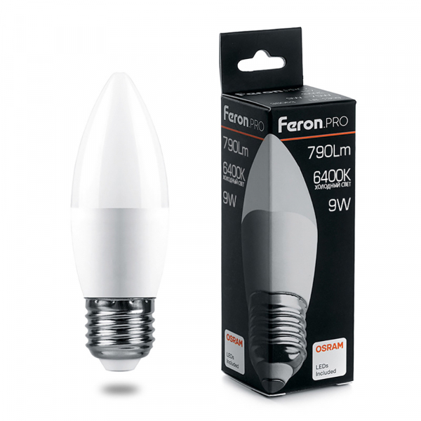 FERON LB-1309 (9W) 230V E27 6400K C37 свеча OSRAM LED