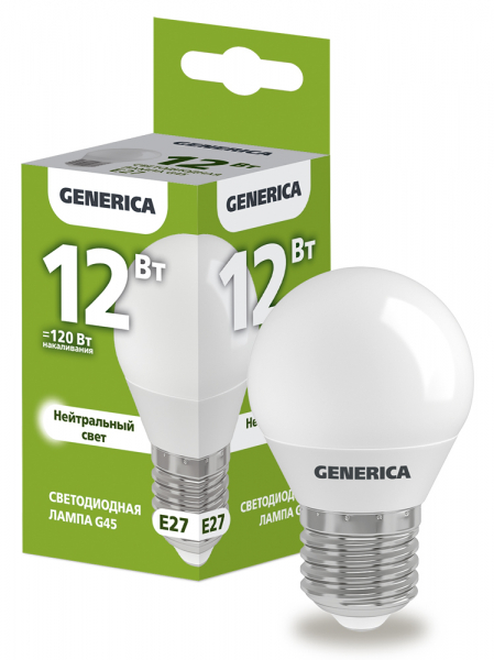 Лампа LED G45 шар 12Вт 230В 4000К E27 GENERICA