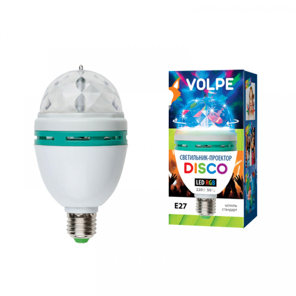 Светодиодный светильник-проектор ULI-Q301-0090. Серия DISCO, многоцветный. ТМ VOLPE. Работа от сети 220В. Для установки в электропатрон Е27. Цвет корпуса — белый.