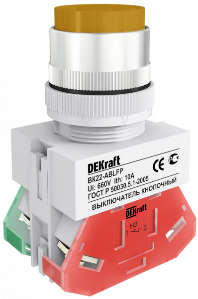 25138DEK Выкл. кноп. с фикс. ABFP Φ22 мм жел. LED 220В ВK-22 DEKraft
