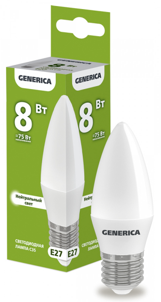 Светодиодная лампа GENERICA C35 свеча 8Вт 230В 4000К E27
