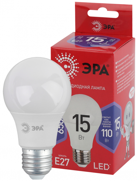 Лампы СВЕТОДИОДНЫЕ ЭКО LED A60-15W-865-E27 R  ЭРА (диод, груша, 15Вт, хол, E27)