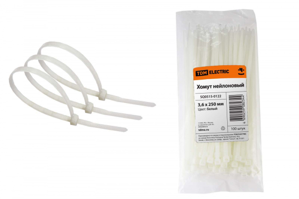 Хомут (стяжка) нейлон  3.6 х 250  белый  (100шт)  TDM SQ0515-0122