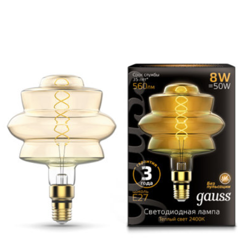 Светодиодная лампа Gauss BD180 8Вт 185-265В 2400K E27 филамент. Vintage Flexible BD180 180Х250мм Golden