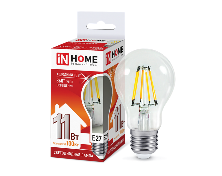 Светодиодная лампа IN HOME A60 11Вт 230В 6500К Е27 филамент.