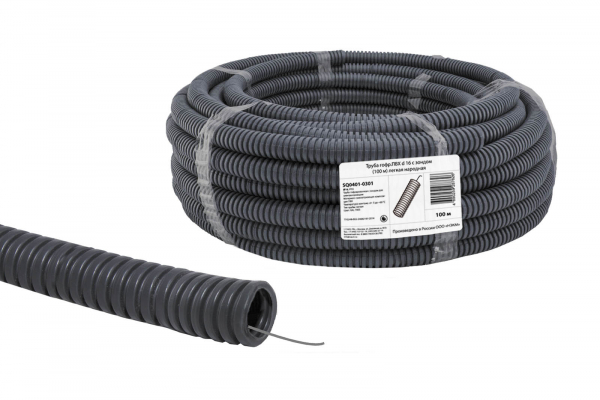 Труба ПВХ гофрированная с протяжкой 16мм легкая, Народная TDM (кратно 100)