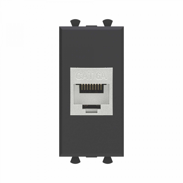 Компьютерная розетка RJ-45 без шторки модульная, кат.6А экранированная, "Avanti", "Черный матовый", 1 модуль