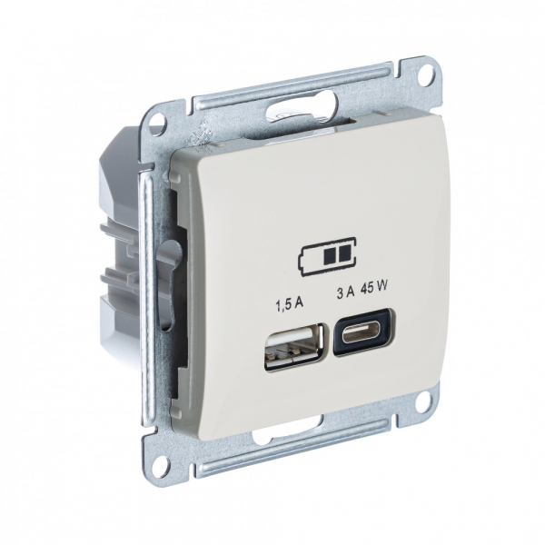 Glossa Молочн. USB РОЗЕТКА A + тип-C 45W высокоскор.заряд. QC, PD, механизм