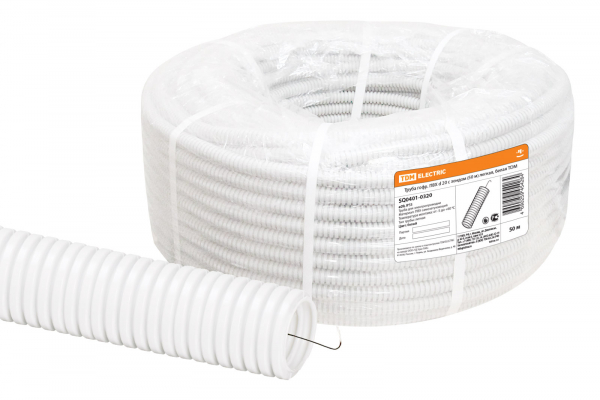 Труба ПВХ гофрированная с протяжкой 20мм белая легкая TDM (кратно 50)