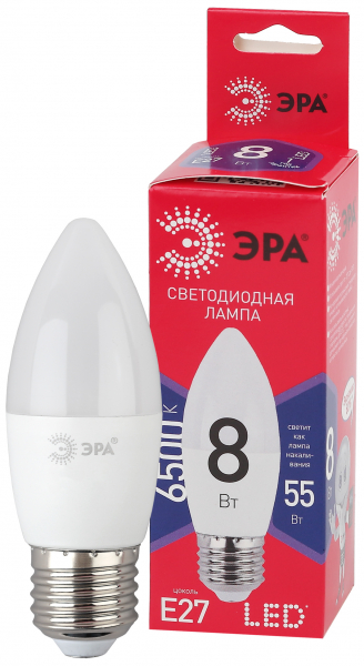 Лампы СВЕТОДИОДНЫЕ ЭКО LED B35-8W-865-E27 R ЭРА (диод, свеча, 8Вт, хол, E27)