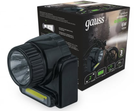Фонарь налобный Gauss модель GFL309 6W 180lm Lead acid 800mAh LED 1/12/72