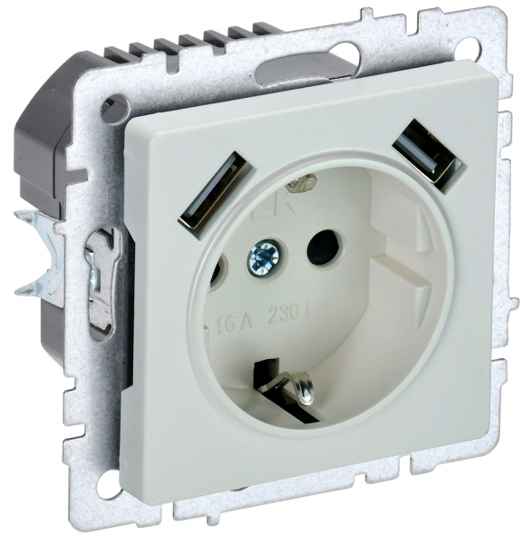 BRITE Роз. с з/к/ш 16А с USB A+A 2,1А РЮш10-1-БрЖ жемч. IEK