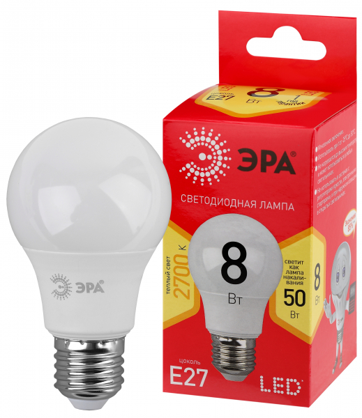 Лампочка светодиодная ЭРА RED LINE LED A55-8W-827-E27 R Е27 / E27 8 Вт теплый белый свет