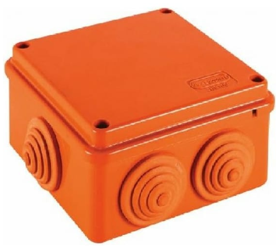 JBS100 Коробка огн. E110, о/п 100х100х55мм, без галогена, 6 вых., IP55, 4P, (1,5-10 мм2), цвет оранж. Экопласт