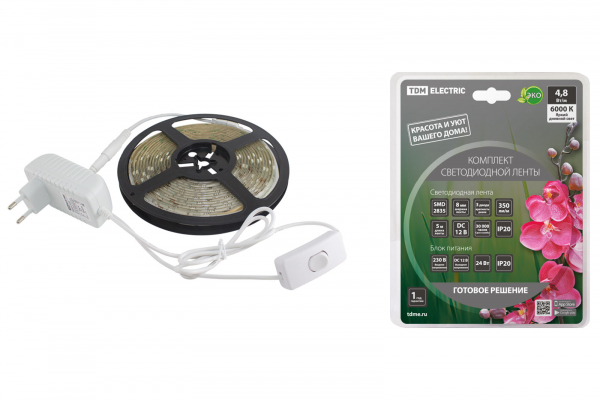 TDM Лента  IP20  12V   4.8Вт/м 6000К SMD2835-60 LED/м-12 В-4,8 Вт/м-IP20-6000 К (5 м), 24 Вт  (5 м)