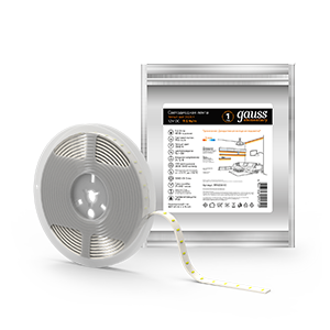 Gauss Лента IP20 12V  9.6В/м 3000К LED Elementary 2835/120-SMD 9.6W  12V DC теплый белый (блистер 5м)