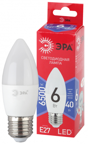 Лампы СВЕТОДИОДНЫЕ ЭКО LED B35-6W-865-E27 R  ЭРА (диод, свеча, 6Вт, хол, E27)