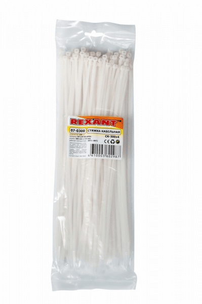 Хомут (стяжка) нейлон  3.6 х 300  белый  (100шт)  REXANT 07-0300 07-0300