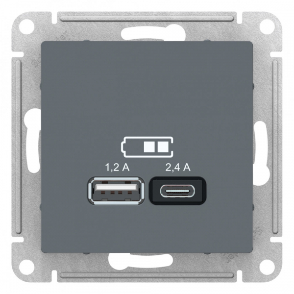 ATN000739 ATLASDESIGN USB РОЗЕТКА A+С, 5В/2,4А, 2х5В/1,2А, механизм, ГРИФЕЛЬ