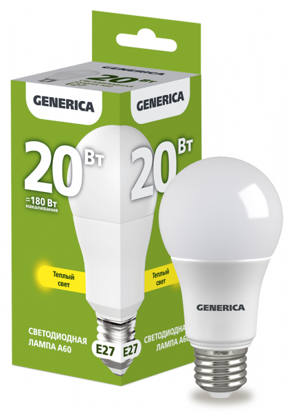 Лампа LED A60 груша 20Вт 230В 3000К E27 GENERICA