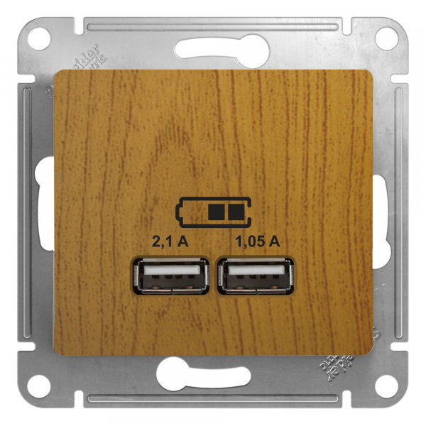 Glossa  Дерево Дуб Розетка механизм USB 5В/2100мА, 2х5В/1050мА, GSL000533