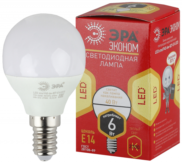 Светодиодная лампа ЭРА P45  6Вт 220-240В 2700К Е14