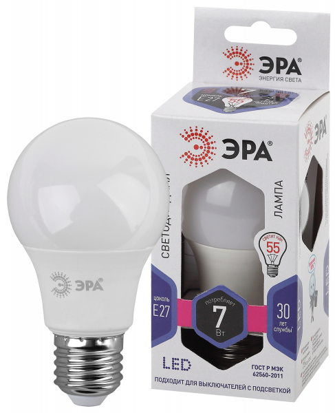 Лампа светодиодная Эра LED A60-7W-860-E27 (диод, груша, 7Вт, хол, E27)