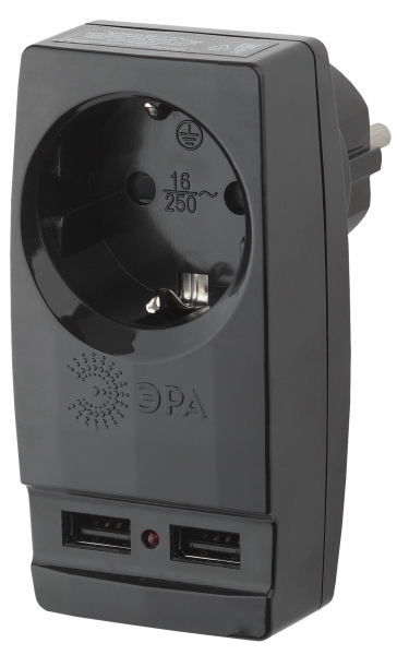 ЭРА Черный Адаптер "Polynom" 1 гнездо 220V + 2xUSB 2100мА, с заземляющими контактами SP-1e-USB-B Б0026333
