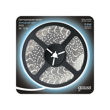 Gauss Лента IP20 12V  9,6Вт/м 6500К LED 2835/120-SMD DC (блистер 5м)