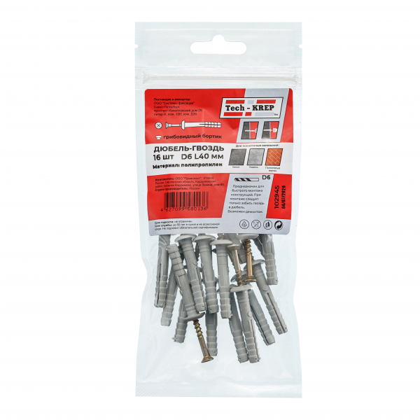 Дюбель-гвоздь 6х40 гриб. манжета (полипропилен) (16 шт) - пакет Tech-Krep
