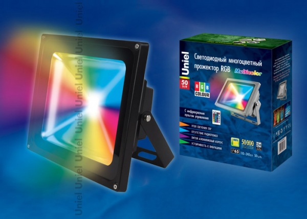 Прожектор светодиодный Uniel ULF-S01-50W RGB RC IP65 110-240В с пультом дистанционного управления серый