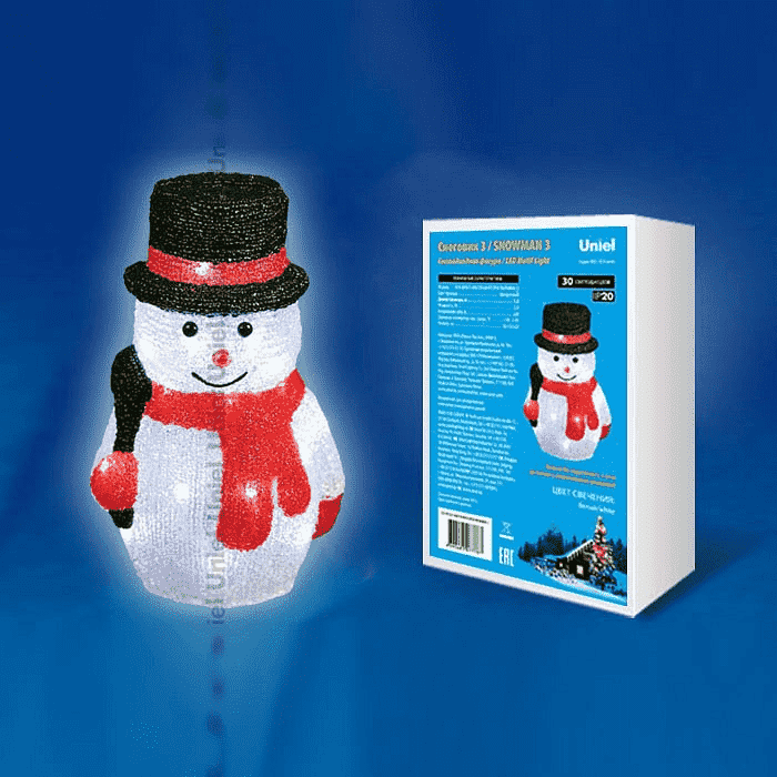Фигура светодиодная Uniel «Снеговик-3» ULD-M1827-030/STA WHITE IP20 SNOWMAN-3, 30 светодиодов, размер 18*15*27 см, цвет свечения-белый, IP20.