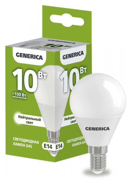 Лампа LED G45 шар 10Вт 230В 4000К E14 GENERICA