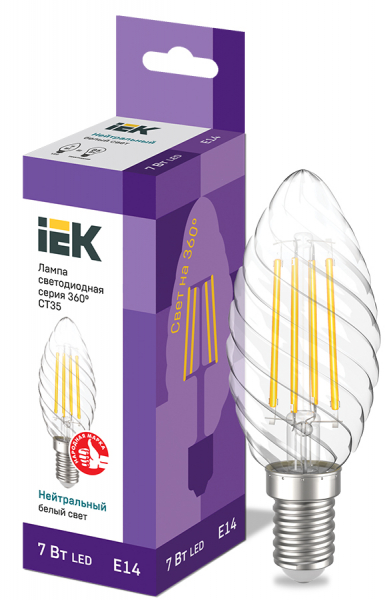 Светодиодная лампа IEK CT35 7Вт 230В 4000К E14 филамент.