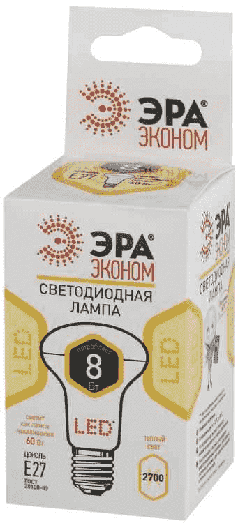 Светодиодная лампа ЭРА R63 8Вт 220-240В 2700К E27