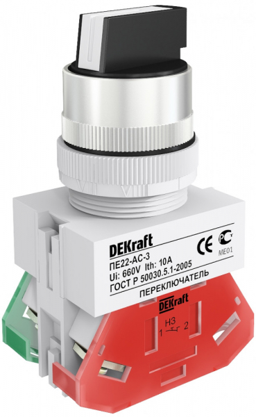 Переключатель DEKraft 25140DEK 3 пол. прав. без фикс. I-O-II станд. руч 2НО ACR-3 Φ22 мм ПЕ-22